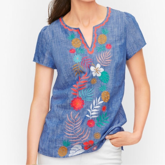 Talbots Women S Blue Linen Cotton Tropical Floral Embroidered Split Neck Top - Picture 1 of 11